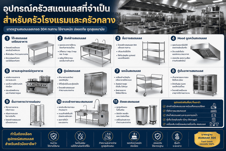 อุปกรณ์ครัวสแตนเลสที่จำเป็นสำหรับครัวโรงแรมและครัวกลาง