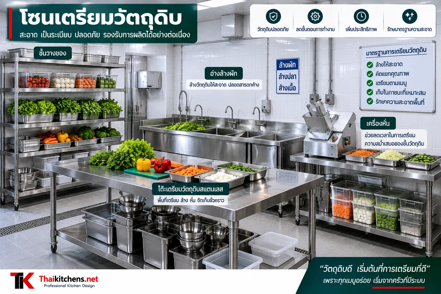 โซนเตรียมวัตถุดิบในครัวร้านอาหาร มีอ่างล้างผัก โต๊ะเตรียมอาหาร เครื่องหั่น และชั้นวางสแตนเลส