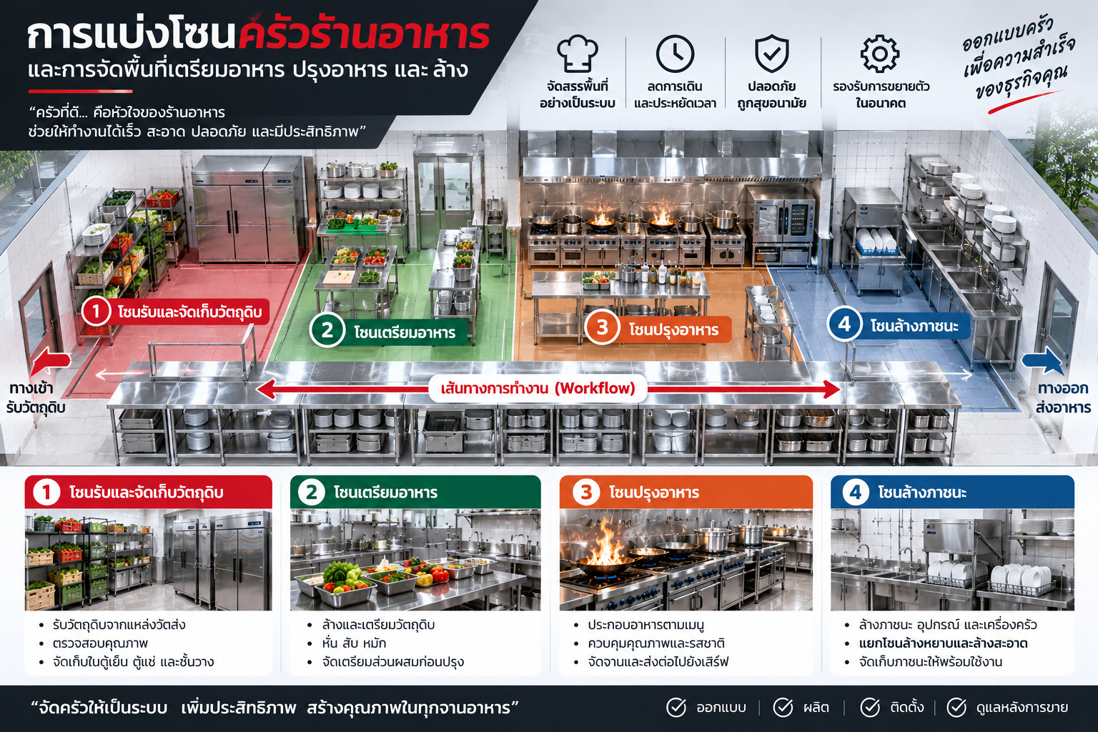 การแบ่งโซนครัวร้านอาหารและการจัดพื้นที่เตรียมอาหาร ปรุงอาหาร และล้าง