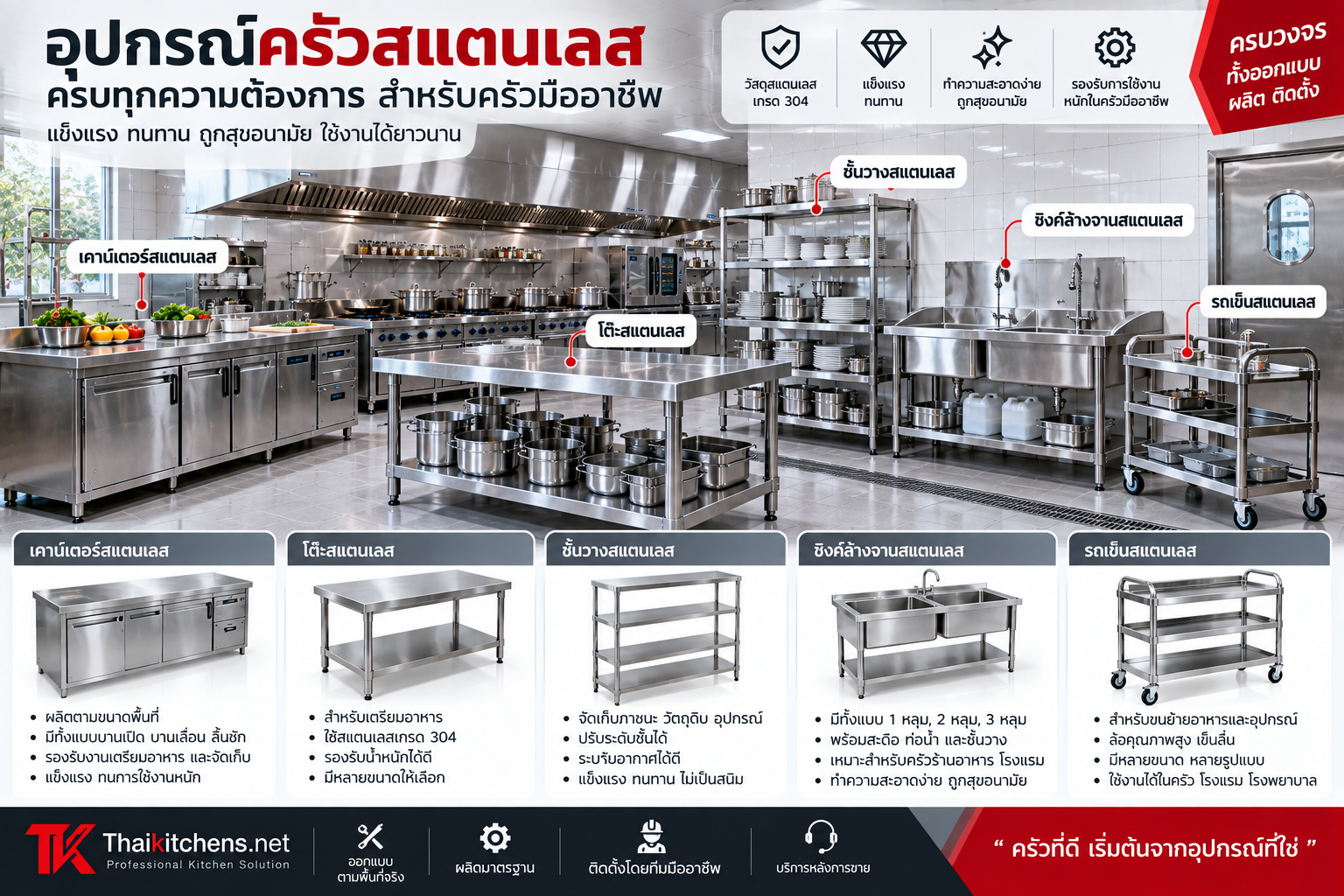 อุปกรณ์ครัวสแตนเลส เช่น เคาน์เตอร์ โต๊ะ ชั้นวาง ซิงค์ และรถเข็น